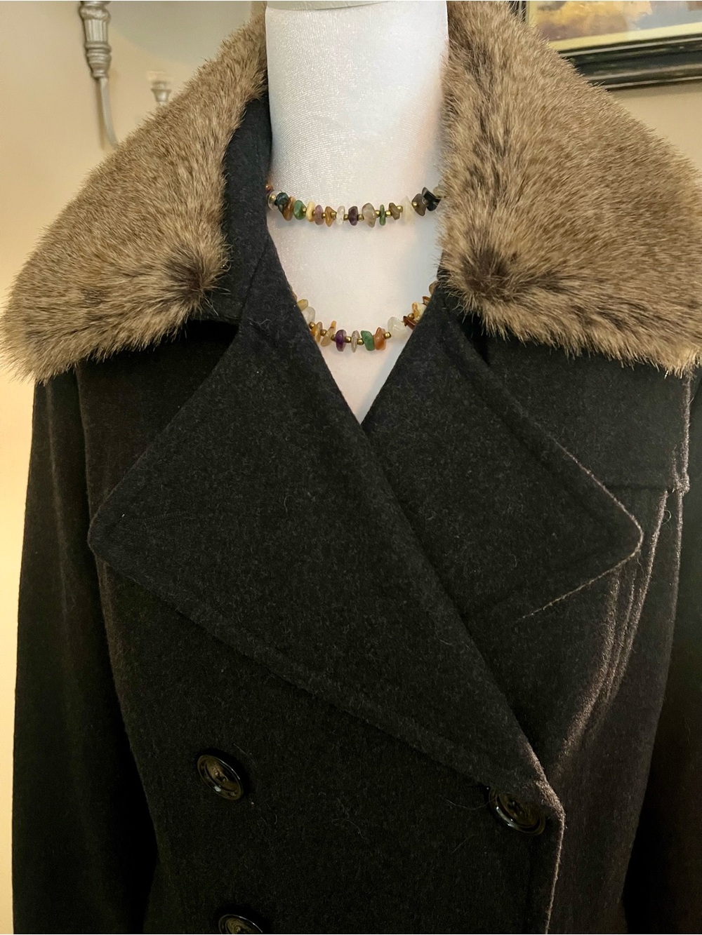 Banana Republic Faux Fur Black Double-Breasted Mid Length Coat S/462871 - Picture 3 of 14